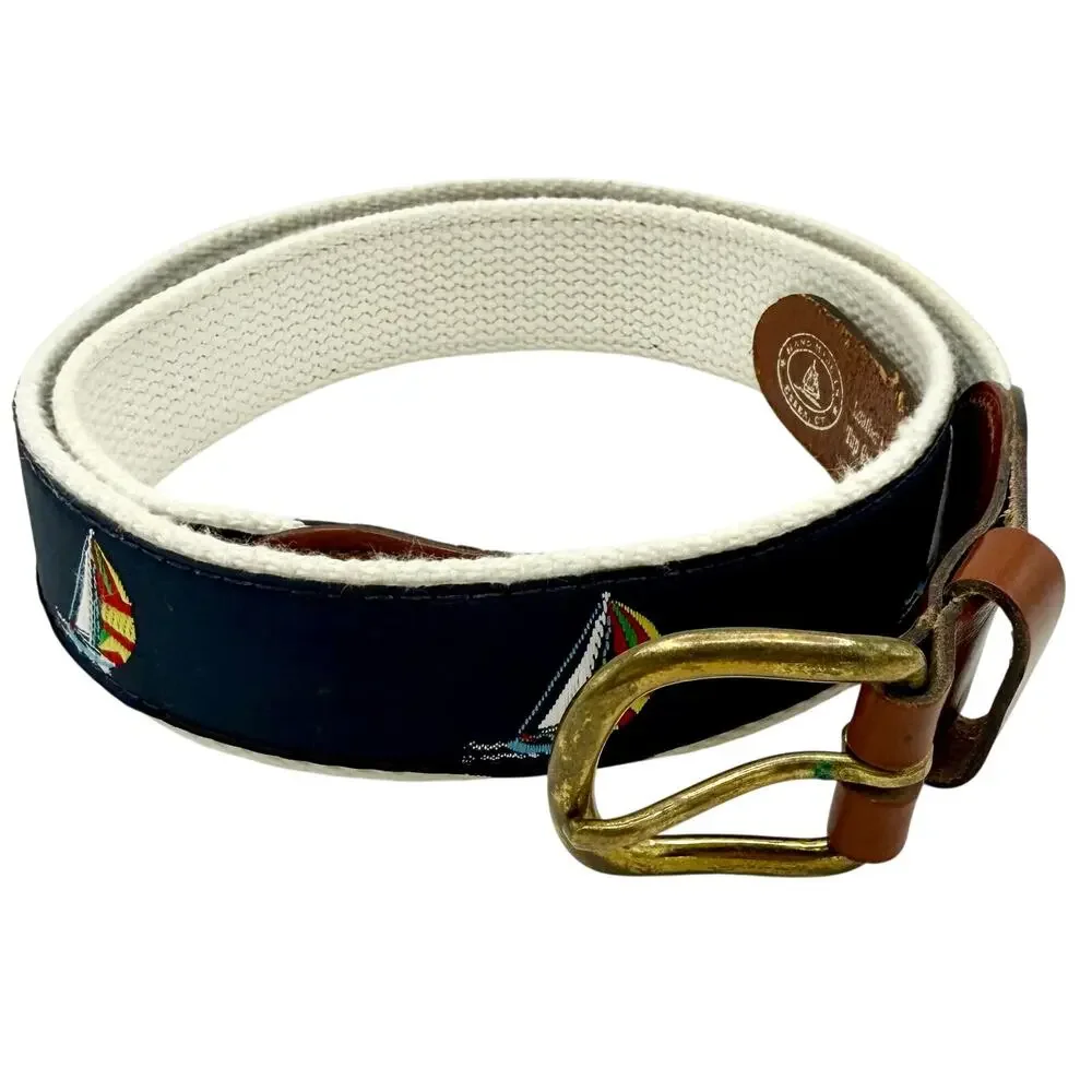 Vintage Preppy Sailboat Embroidered Leather Brass BuckleHandmade CT USA Sz.‎ 36